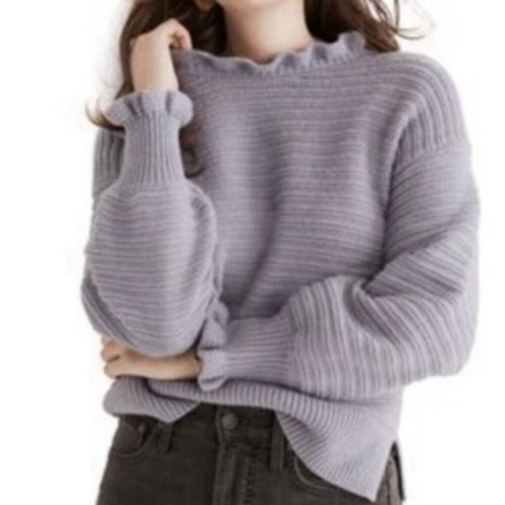 Madewell Womens Sz L Lavender Purple Ruffle Neck Bell Sweater Merino Wool Knit